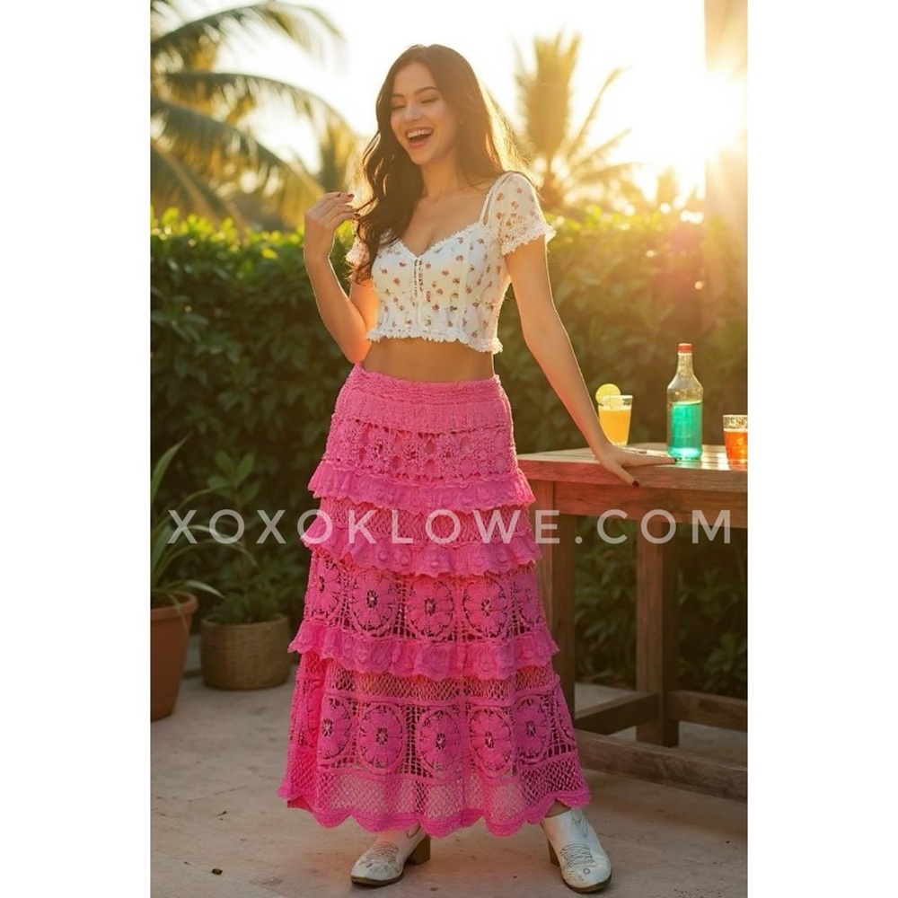 POL Bubblegum Pink Tiered Ruffled Flowy Crochet Maxi Skirt - Picture 1 of 9